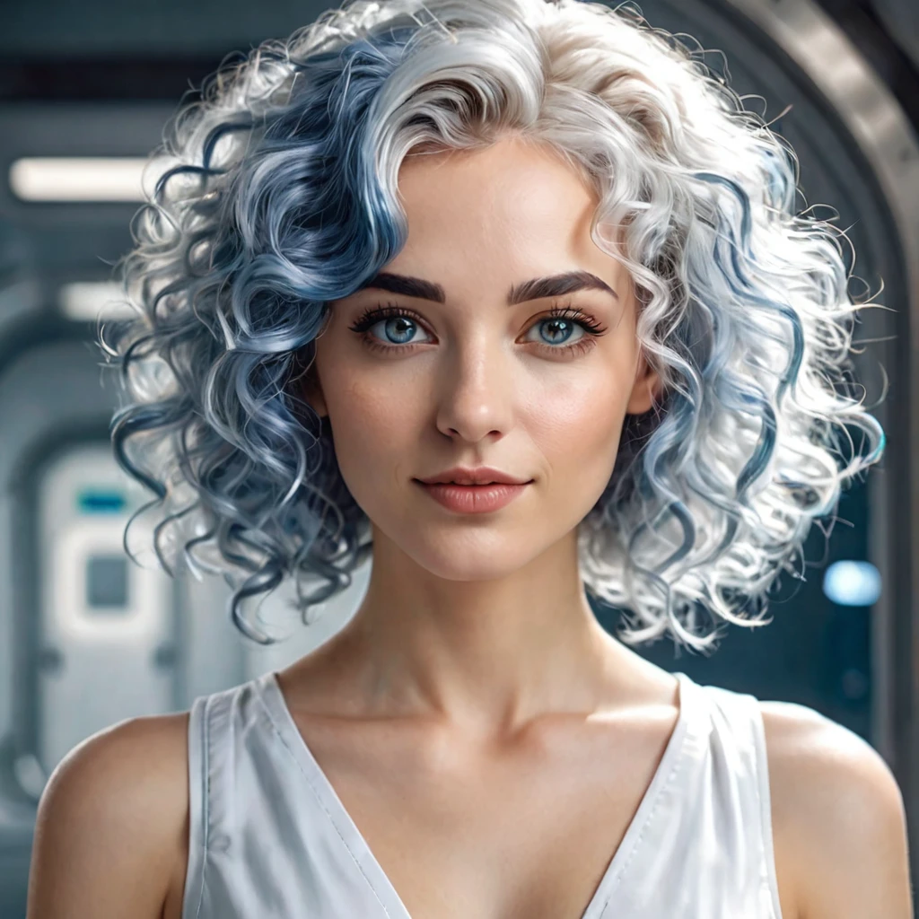 Semi realistic illustration portrait of a beautiful woman, white, curly blue hair, with light brown eyes. rectangular face, fine and soft facial features, somewhat thick lips. slight smile, glare. Vestido de bata white. Geneticist doctor from a science fiction future.
