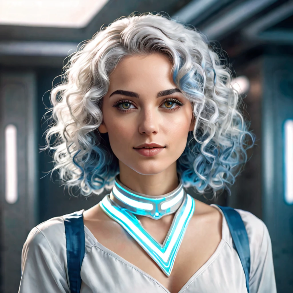 Semi realistic illustration portrait of a beautiful woman, white, curly blue hair, with light brown eyes. rectangular face, fine and soft facial features, somewhat thick lips. slight smile, glare. Vestido de bata white. Geneticist doctor from a science fiction future. 