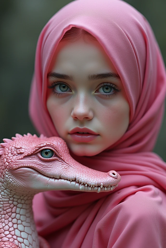 Beautiful girl hijabers with animal crocodile color pink