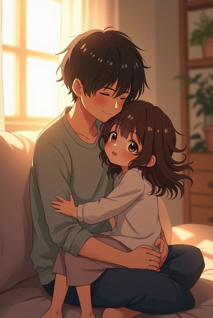 a curly brown haired anime girl on her brother&#39;s lap