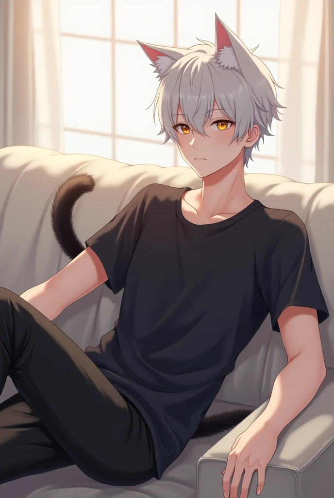 cheeky handsome boy silver hair cat eyes piercings in both ears Short sleeve shorts illustration style Slender body naughty smile lying down