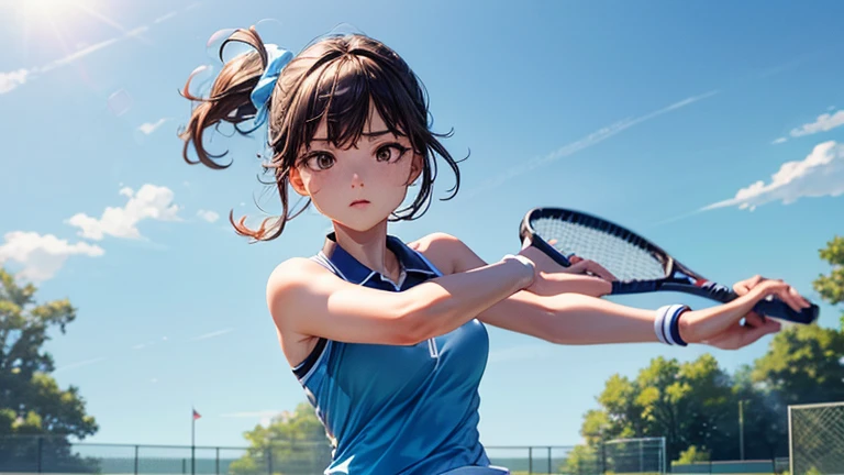 On the tennis court、Please draw an illustration of a woman holding a tennis racket and powerfully serving the ball.。The woman has a concentrated expression、It shows dynamic movement.。The background features a blue sky and court lines.。