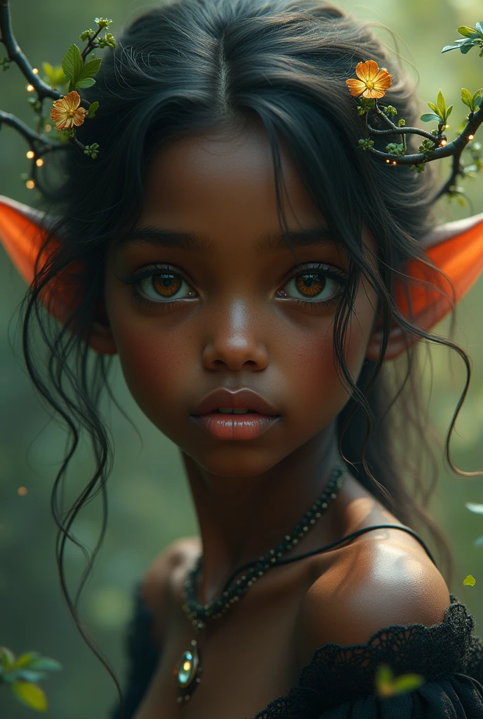 black female, upturned button nose, brown almond eyes, small, fleshy mouth, Oval face, fairy ears