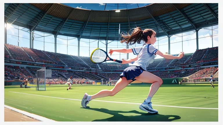Holding a tennis racket in one hand、Please draw an illustration of a woman chasing the ball during a game.。The woman runs towards the ball with all her might、Sportswear fluttering in the wind。The audience seats can be seen in the background.、You can feel the tension of the match。