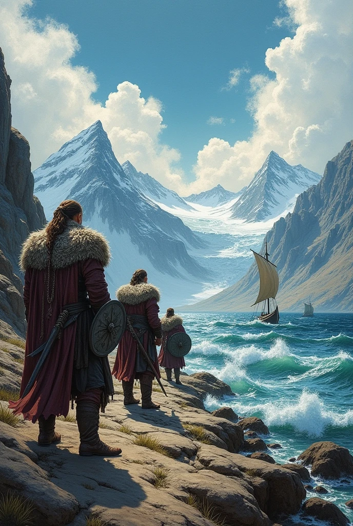 An acrylic ink painting of a landscape from the Viking era WITH VIKINGS IN THEIR CLOTHES FROM THAT TIME AND the sea in the background WITH BOATS, mountains and a CLOUDY SKY THIS IMAGE MUST CONTINUE IN ANOTHER