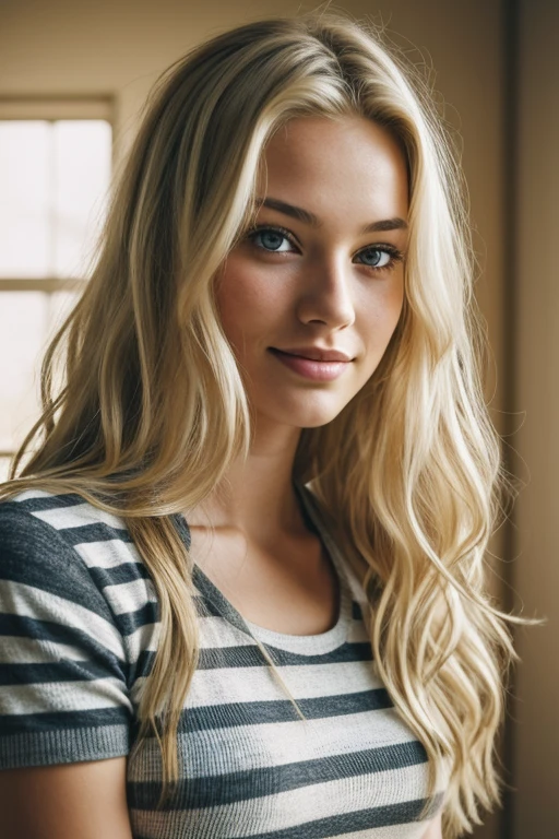 1girl in, 19, Solo, Long wavy hair, Colossal , long messy windy blonde hair, camera facing down at, kneelingon floor, looking up at camera, half smile, biting lip, blondehair, Full body, (extremely detailed 8k wallpaper), soft lighting, high quality, film grain, Fujifilm XT3 sharp focus, f 5.6, 50mm, High Detail, Sharp focus,(natural light), (seductive), knit sports top, thick stripes, pure black skirt, revealing, Realistic, A sexy
