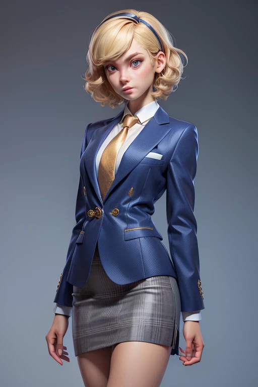 3dmm style,(masterpiece, top quality, best quality, official art, beautiful and aesthetic:1.2), (fractal art:1.3), 1girl, beautiful, high detailed, blonde hair, bobcut hair, wavy hair, hairband, makeup, eyeshadow, mascara, lipstick, dark lighting, serious face, looking the sky, sky, medium shot, grey plaid skirt suit, (((three-piece suit))), ((blue dress shirt with white collar)), ((gold necktie)), blazer, suit jacket, waistcoat, bodycon miniskirt, pencil skirt, jewelry