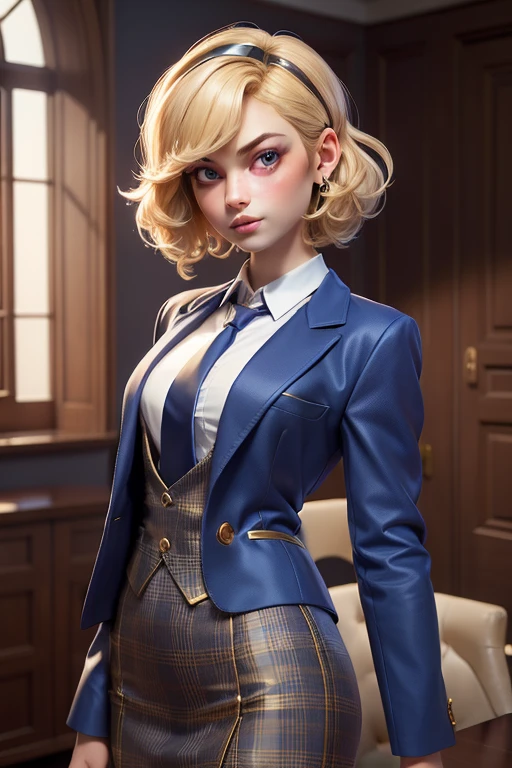 3dmm style,(masterpiece, top quality, best quality, official art, beautiful and aesthetic:1.2), (fractal art:1.3), 1girl, beautiful, high detailed, blonde hair, bobcut hair, wavy hair, hairband, makeup, eyeshadow, mascara, lipstick, dark lighting, serious face, looking the sky, sky, medium shot, grey plaid skirt suit, (((three-piece suit))), ((blue dress shirt with white collar)), ((gold necktie)), blazer, suit jacket, waistcoat, bodycon miniskirt, pencil skirt, jewelry