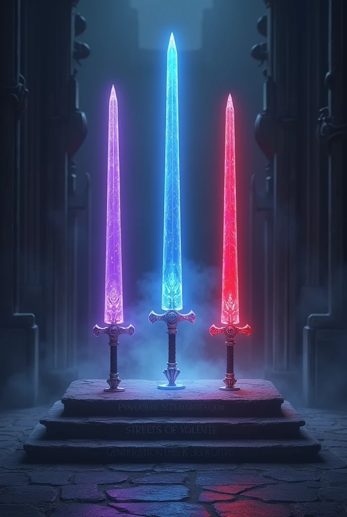 Within a location, there is a kind of altar, above which there is a pedestal where, Around her, everything was dark, but where the swords lay was clear as day. Where the three swords of different appearances were placed, they were partially thin, with straight and polished crystal blades, of tall stature, measuring on average 1,80 a 1,82 meters high each. Em suma, they have three colors: the purple one is for the one on the right, the blue one is for the one on the left, e the red one é para a do centro, a color for each of them. however, there were only two swords left on the pedestal; the third sword, blue in color, had disappeared, and its pedestal was on display, as well as those of the others. Each one had a name, down, in front of the feet of their pedestals: the purple one was called *Powerful Screw*, the red one, A sua volta, was called *Streets of Valente*, and the blue one had the nomenclature of *Generation Ändern*. The remaining two swords were shining brightly., as if they were new or newly forged.