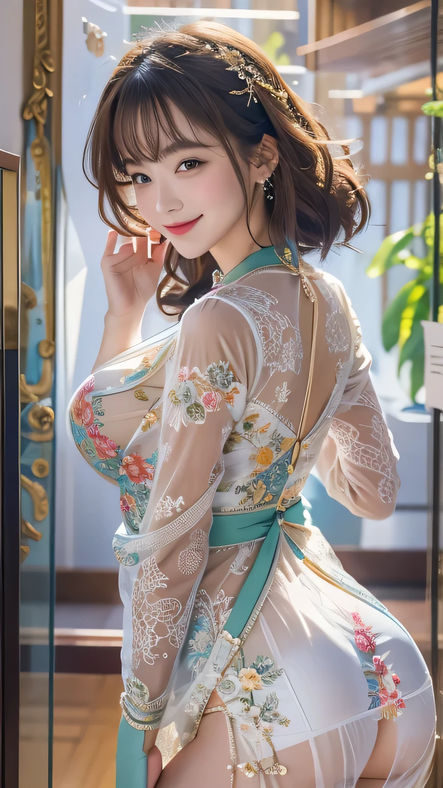  (8k, RAW Photos, Highest quality, masterpiece:1.2、RAW Photos)、1 woman、2 、(masterpiece),(Highest quality),(Very detailed),(High resolution),8k,wallpaper,Soft Edge,1 person,Beautiful female hands,A detailed depiction of the hand,The goddess of sex stands,Short Bob,Big Breasts,front,look at me,Sexy smile,See-through dress,Loincloth,Simple design pattern