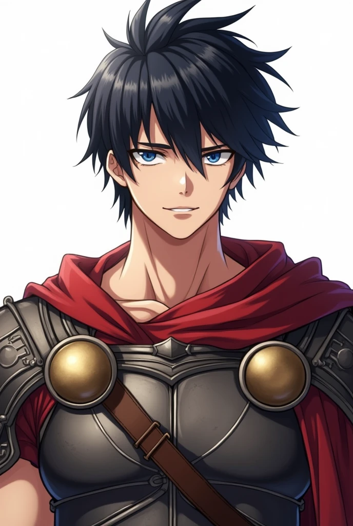 Anime drawing male character with black hair and blue eyes talking in gladiator outfit, white background, half body facing forward 