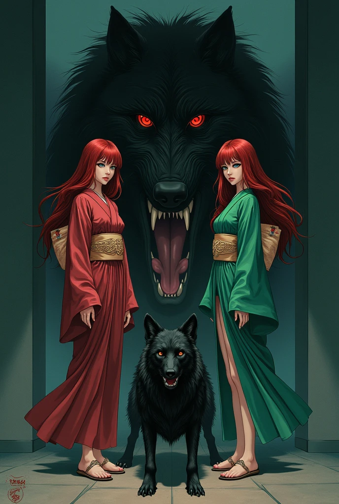 The image is anime style with shadows and dim lights, anime style although somewhat adult and dark, It shows a 3 adult woman with heterochromia., She has one brown eye and one blue eye and wears a beautiful oversized green and red yukata.. She has very long and loose hair., dark red. She looks calculating and shrewd.. wears sandals. At his feet lies a huge wolf made of shadows with four red eyes.