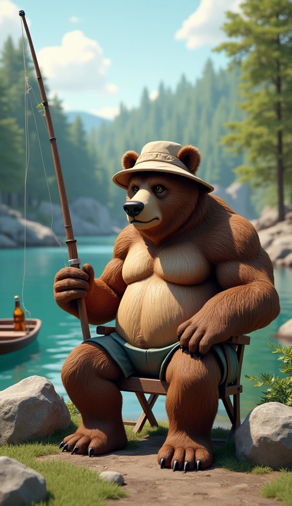 A stunning 3D rendering illustration of A brown-furred fishing bear with his fishing rod, portrayed as a muscular bear, well defined: 1.3, sitting on a chair by a river, holding a fishing rod, drinking a beer, wearing a bucket hat, boat nearby, surrounded by a forest and rocks, extremely detailed, funny, surreal satirical scene.