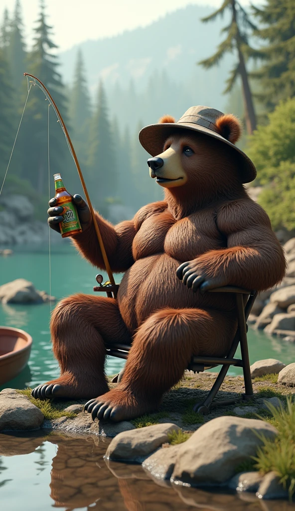 A stunning 3D rendering illustration of A brown-furred fishing bear with his fishing rod, portrayed as a muscular bear, well defined: 1.3, sitting on a chair by a river, holding a fishing rod, drinking a beer, wearing a bucket hat, boat nearby, surrounded by a forest and rocks, extremely detailed, funny, surreal satirical scene.
