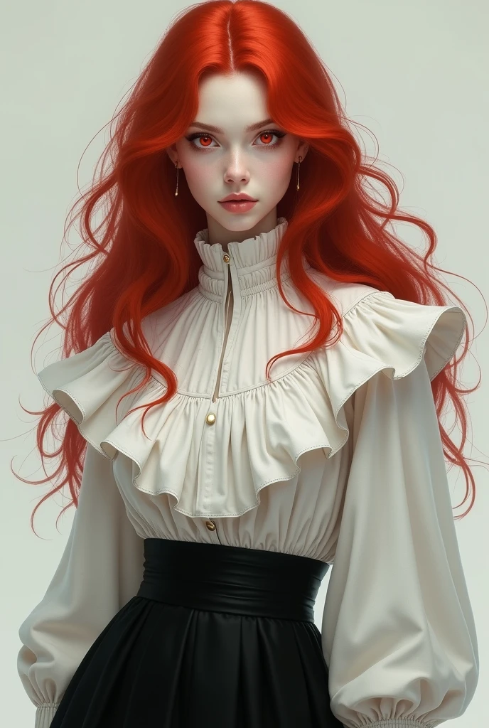 make a pale girl, with red eyes, red hair, a women's shirt with a high neck, Exaggerated ruffle hem and long sleeves, a black skirt with a beautiful body