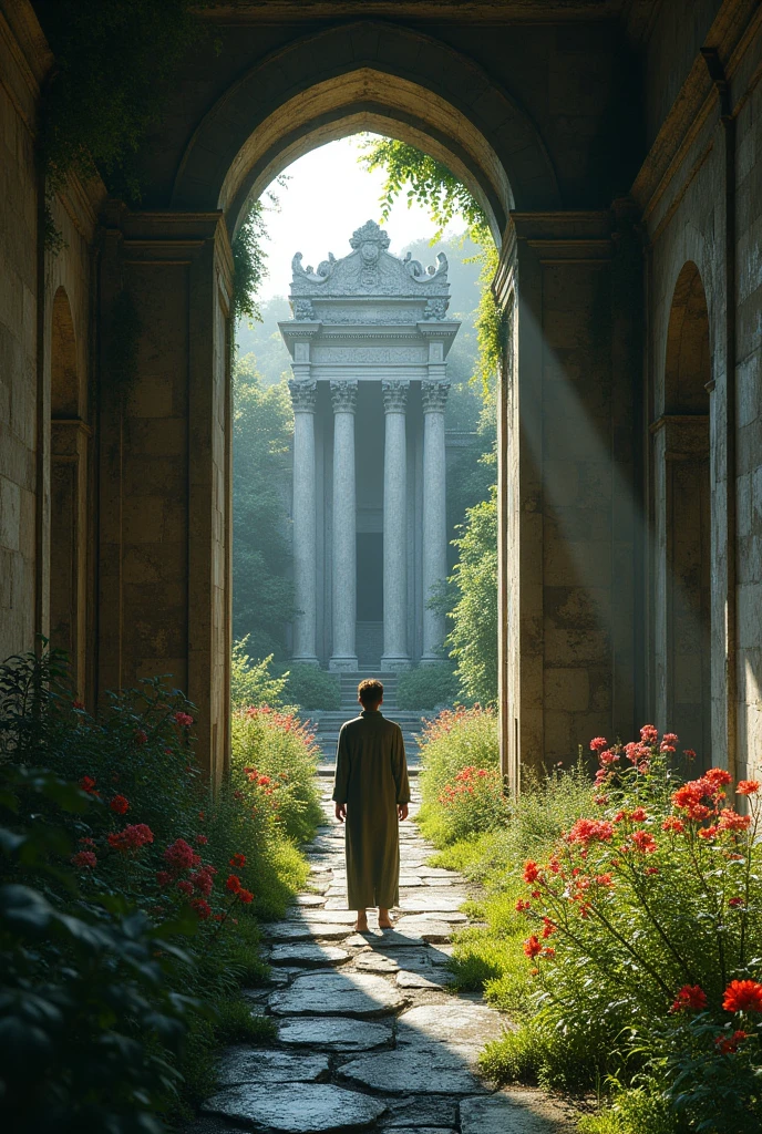 "Person opening door revealing an abandoned temple in a flowerbed . High contrast lighting, wide angle lens, técnica de matte painting, with EXTREME GENERAL PLAN, --ar 16:9 --q 2 --v 5.1"