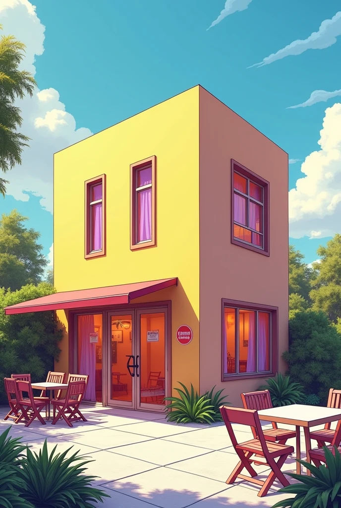 Image in architectural drawing style, unrealistic, fullcolor, em 2d ,of a beautiful rectangular building, form of a low-rise house ,with 4 windows, events house, with patio in front containing empty tables and chairs, indoor party, with a small warning sign on the wall saying no drinks and another large sign like the venue&#39;s sign written "Platinum Events"