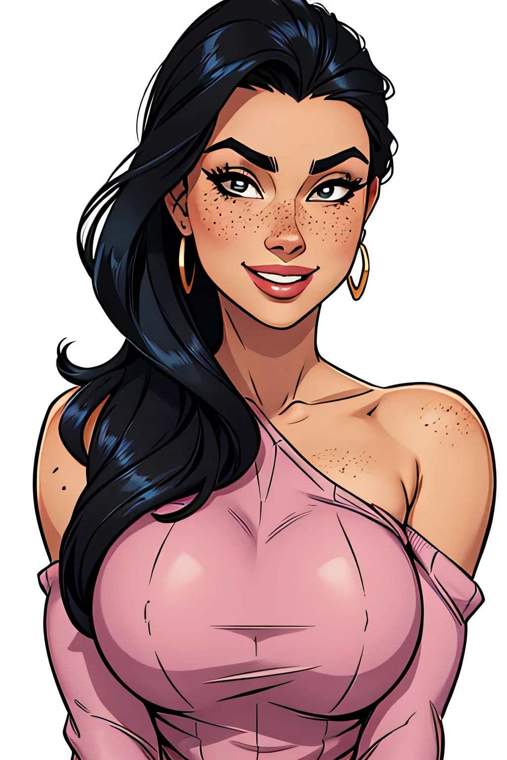 Thin woman, age 25, 4K (High definition), beautiful smile, seducing gaze, eyes browns, wearing pink sweater ((shoulder to shoulder)), arms positioned at the side of the body, pele caucasiana, slicked black hair ((loose to the shoulders)), standing (upper body), full of curves with freckles on her chest and neck, round breasts. High-quality Marvel style, white background.