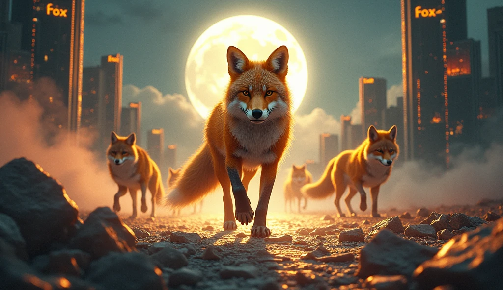 The image for the music *"You know from the front"* can have a powerful concept that emphasizes strength, the confidence and dominance of the fox and the Fox group. Here is an idea for the image:
**Image Description:**
The central scene shows a majestic fox, with a shiny golden or silver coat, moving forward in a determined manner. His eyes are fixed straight ahead, conveying a penetrating and relentless gaze. She is in a night scene, with the full moon illuminating the background, highlighting his imposing figure.
Behind the fox, there is a pack of wolves on the retreat, in dark shadows, almost invisible, symbolizing the defeat and failure of their opponents. The fox walks on a path paved with fragments of broken walls, symbolizing the obstacles she overcame and left behind.
As the fox advances, the ground beneath her transforms into a futuristic urban landscape, with tall buildings and bright lights, representing the sucesso e o poder alcançado. In one of the tallest buildings, there is a large golden cup with the name "Fox" engraved, symbolizing the victory and immortalized legacy of the group.
Around the fox, digital elements float in the air, representing the "virtual" who observes and recognizes the spectacle, mens, Ao fundo, clouds of smoke and debris dissipate, representing the destruction of the rival group.
**Paleta de cores:** Metallic tones (doradas, Plata), dark blue for the night scene, red for the details, and touches of neon to represent the future and digital power.
This image would perfectly capture the challenging and winning spirit of the song. *"You know from the front"*, highlighting Fox's superiority and determination.