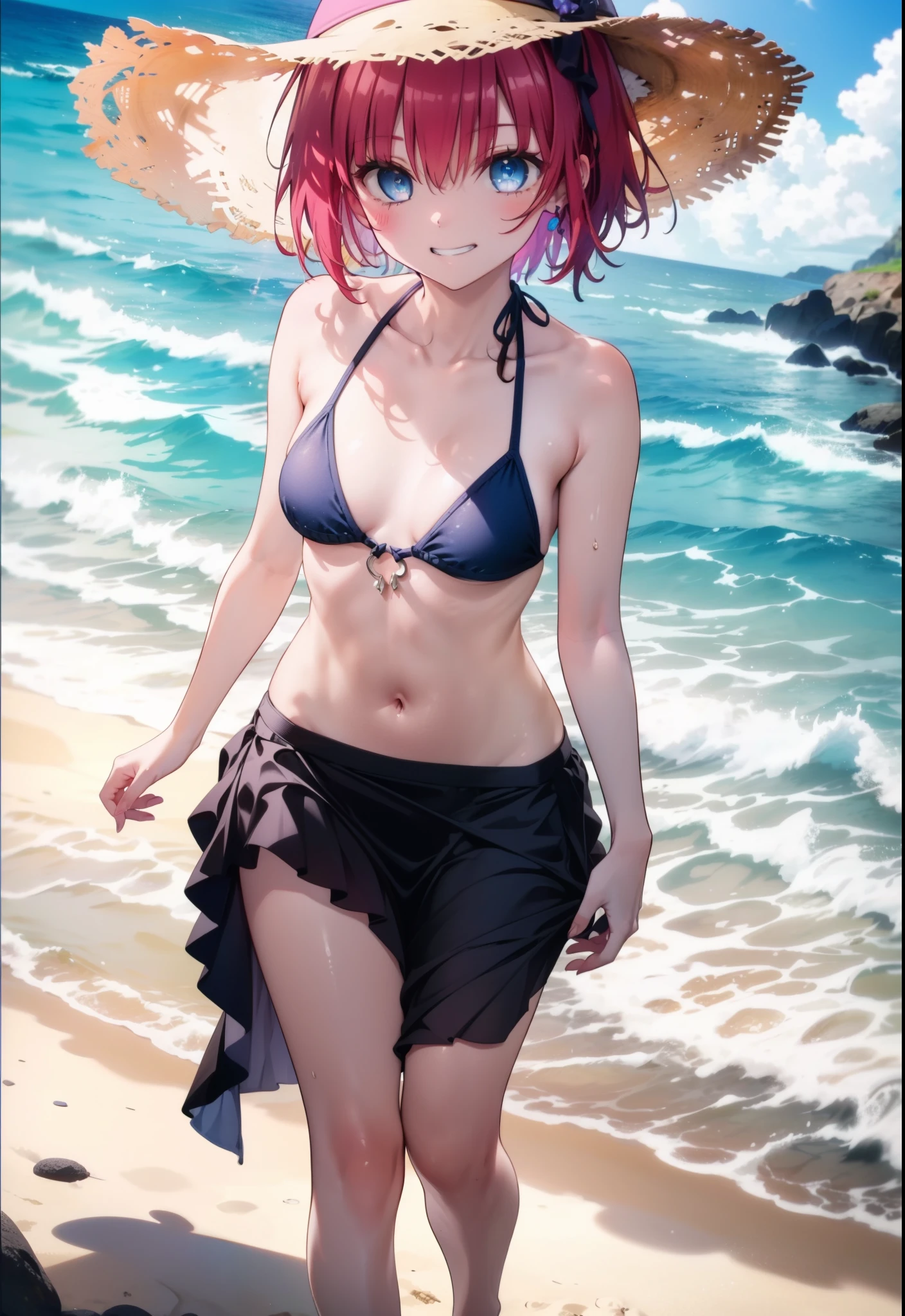 Kurosaki  mea,Redhead,Long Hair,Purple eyes,Grin,smile,Straw hat,Black string bikini swimsuit,Pareo Swimsuit,Belly button,abdomen,barefoot,A thin long skirt is wrapped around her waist,Sandy Beachを散歩している,Walking,Clear skies,True Summer,Daytime,whole bodyがイラストに入るように,
break looking at viewer,whole body, 
break outdoors, Beach,Sandy Beach,
break (masterpiece:1.2), Highest quality, High resolution, unity 8K wallpaper, (shape:0.8), (Beautiful and beautiful eyes:1.6), Highly detailed face, Perfect lighting, Highly detailed CG, (Perfect hands, Perfect Anatomy),