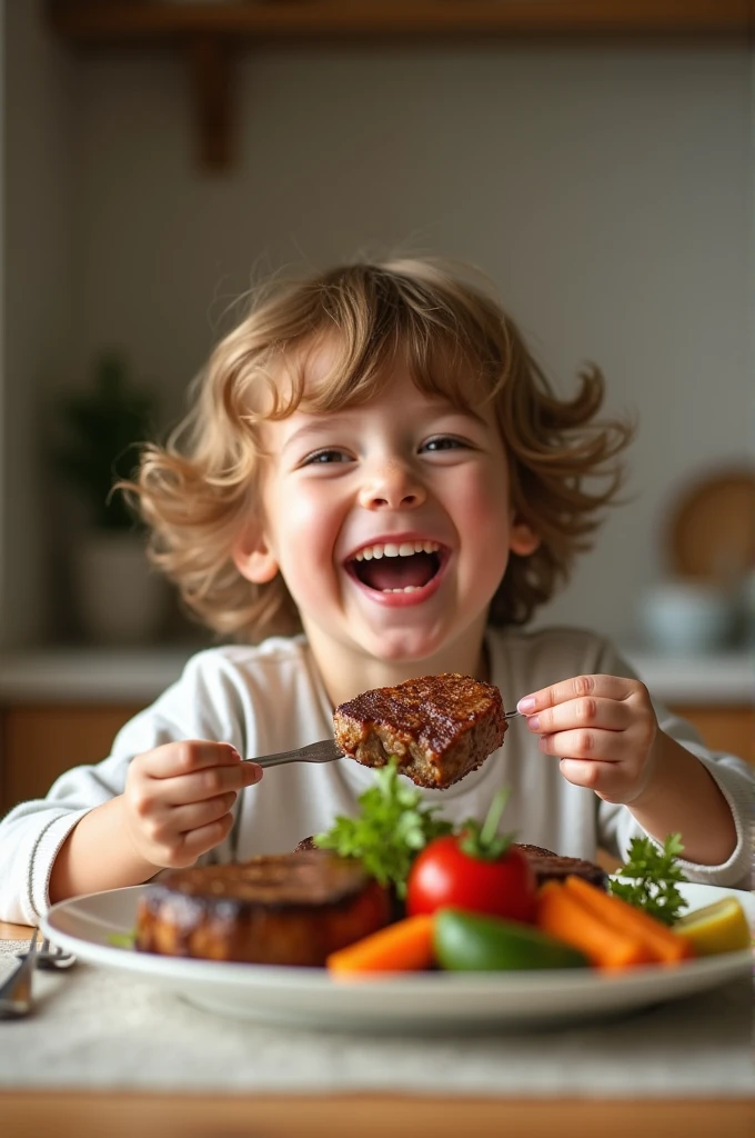 Happy child eating healthy meat-based food 