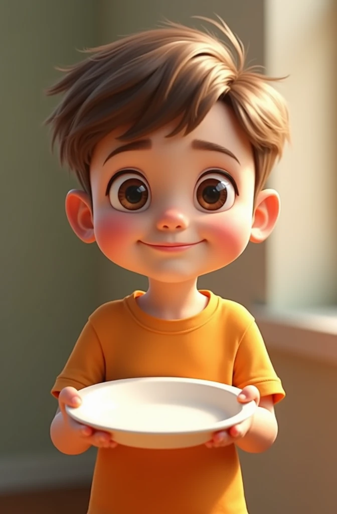 a happy and cute boy with short hair, t - shirt, white background, the child, tom, Pixar-style, ....3d, Cartoon s, face detailed, asymmetric