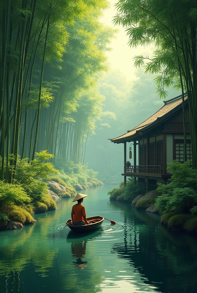 A dense bamboo forest, A quiet stream flows by, Rustic bamboo house, A fisherman in a boat, (best quality,4K,8K,high resolution,masterpiece:1.2),Extremely detailed,(Practical,photoPractical,photo-Practical:1.37),Vibrant colors,Natural Lighting,Tranquil atmosphere,Stunning scenery,detailed foliage,Reflections in water,Traditional Asian architecture,Weathered bamboo texture,Skilled fisherman posing