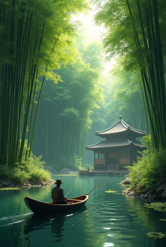 A dense bamboo forest, A quiet stream flows by, Rustic bamboo house, A fisherman in a boat, (best quality,4K,8K,high resolution,masterpiece:1.2),Extremely detailed,(Practical,photoPractical,photo-Practical:1.37),Vibrant colors,Natural Lighting,Tranquil atmosphere,Stunning scenery,detailed foliage,Reflections in water,Traditional Asian architecture,Weathered bamboo texture,Skilled fisherman posing