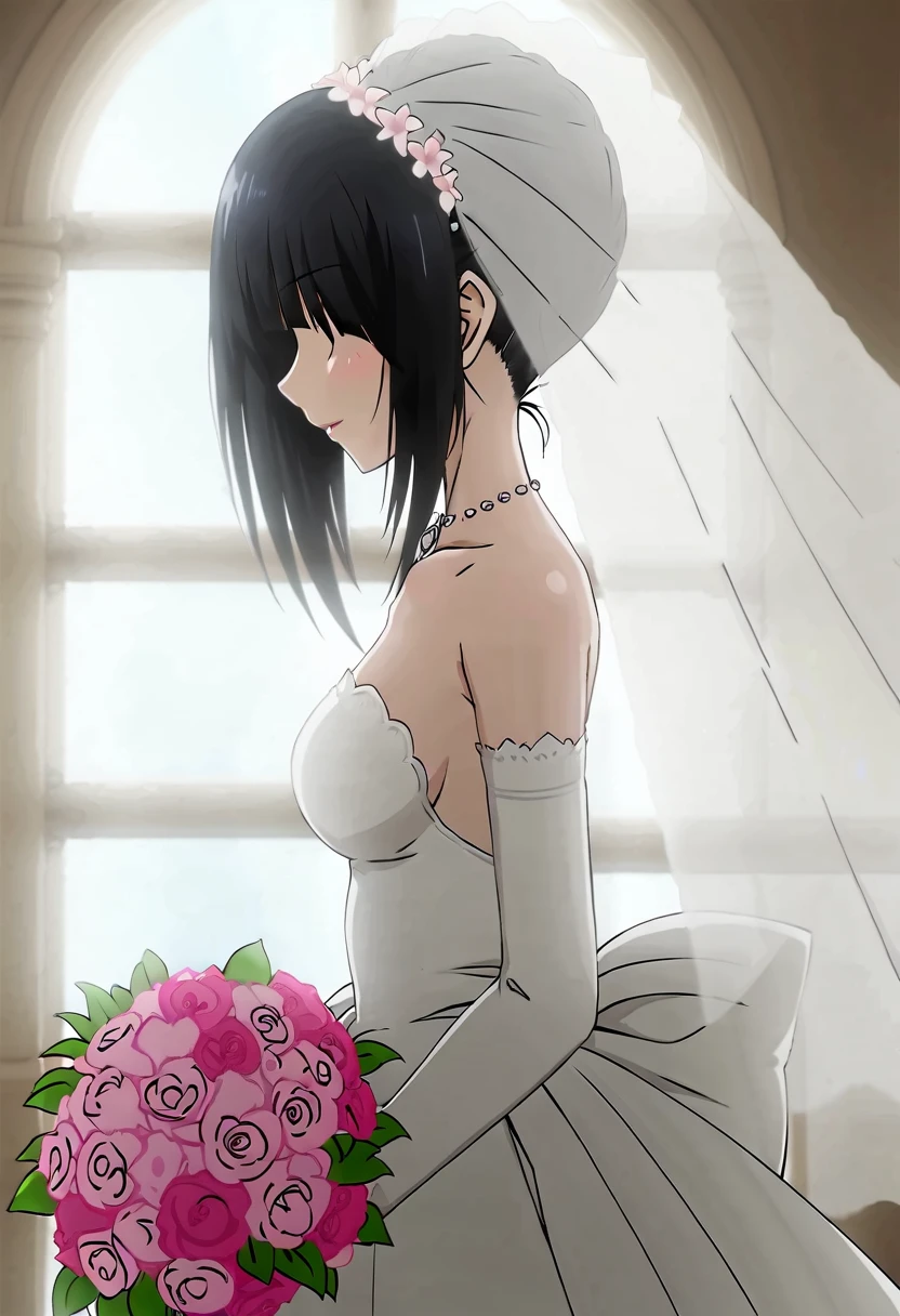 tokisaki kurumi,(((Best quality))),((Ultra-detailed)),((illustration)),((Disheveled hair)),((frilld)),(1 girl),(Solo), 1girl,bouquet,bridal veil,dress,elbow gloves,flower,gloves,solo,veil,wedding dress,window,profile,from side,full shot,
