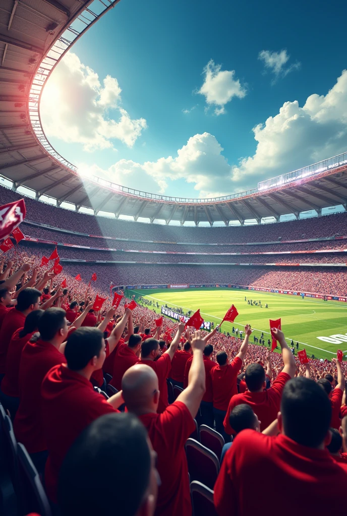 Poster of cheering fans in an American football stadium in focus, In 4k.