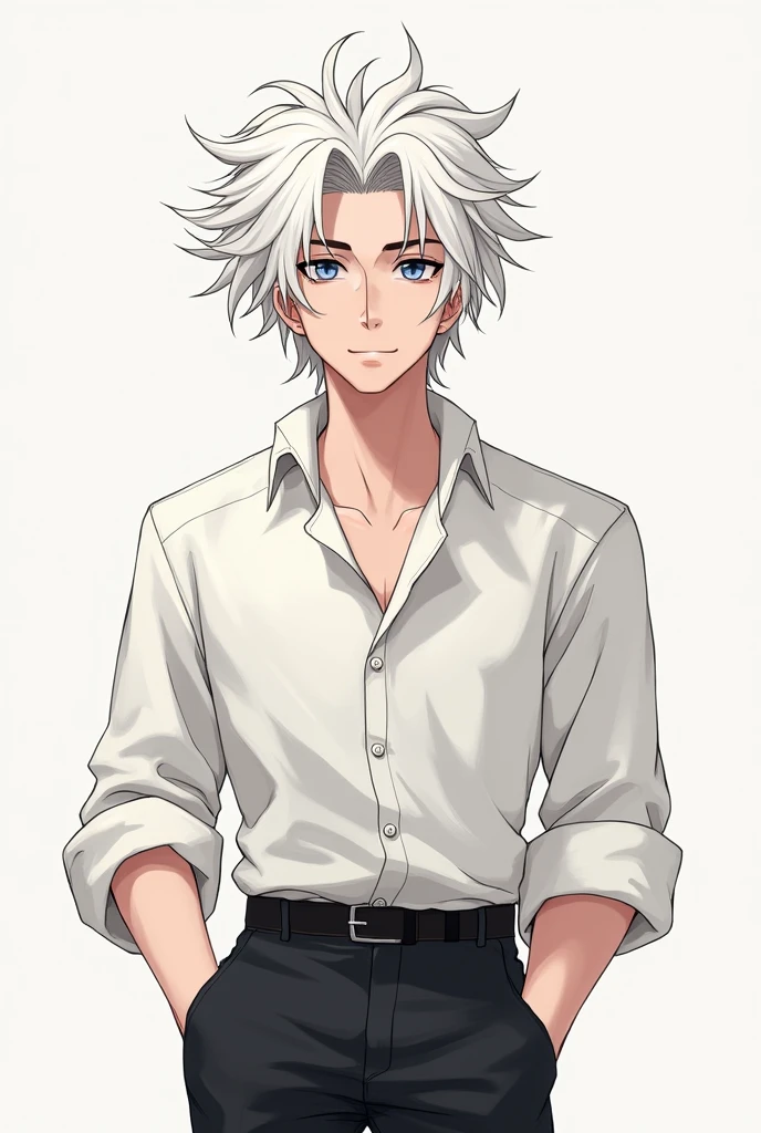 Give me a handsome guy with hairy, messy white hair, has a white shirt, black pants cute anime posing 
