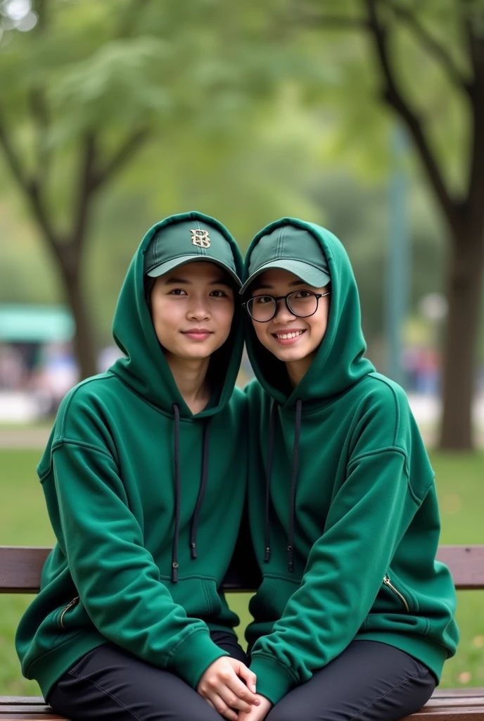 A pair of Indonesian lovers, clean faces, wearing hoodies green color wearing baseball caps, sitting on a park bench, photo facing front,super HD photography, sophisticated camera 