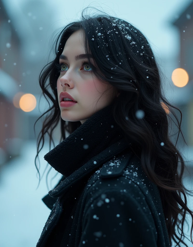 (masterpiece, hyperrealism, sharp images, photorealistic, best quality:1.5), (it only shows the back part of her) (Full body portrait, sky view), (highly detailed face:1.5), (has white skin, highly detailed skin:1.8), (20 years old woman) (she has very black wavy hair) (breast size: 1.3), detailed hd beautiful dark green eyes, lips marked with pink lipstick, flirtatious look, big light green eyes, bold black eye shadows, huge eyelashes, (she is wearing stylish black coat for rain and snow, with cap, with sherpa lining) (has his eyes looking up at the sky, watching the snow fall) (she is walking on the sidewalk in a neighborhood of one-story houses) (everything is covered with snow, her hair still has a little snow in it) (background, it is already dark, there are black and blue clouds, it is snowing and it is cold). she exhales and steam is seen
