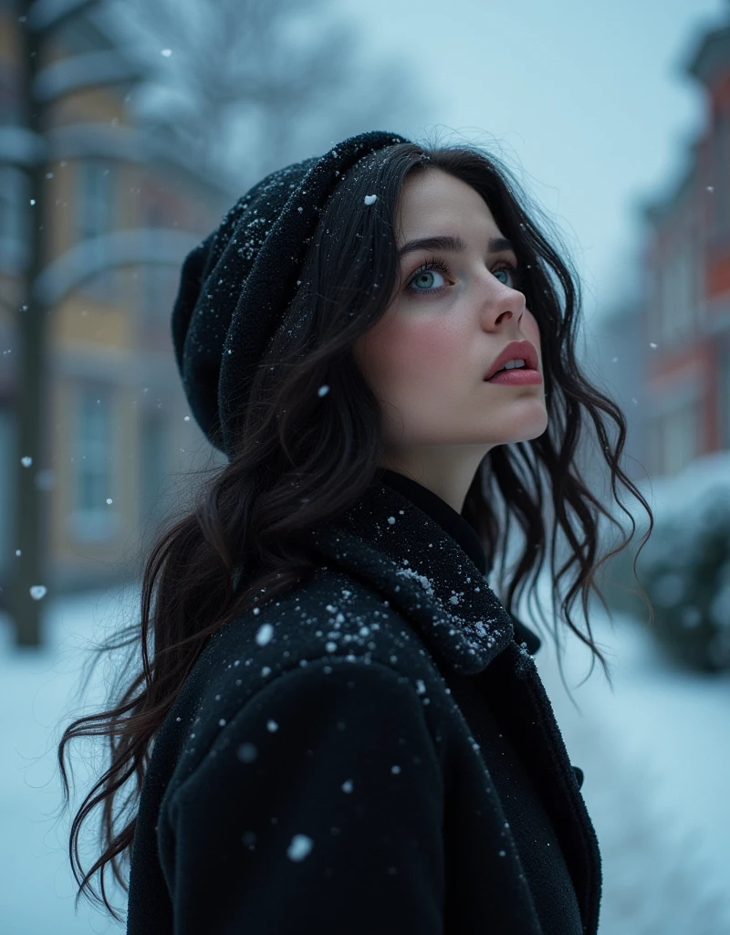 (masterpiece, hyperrealism, sharp images, photorealistic, best quality:1.5), (it only shows the back part of her) (Full body portrait, sky view), (highly detailed face:1.5), (has white skin, highly detailed skin:1.8), (20 years old woman) (she has very black wavy hair) (breast size: 1.3), detailed hd beautiful dark green eyes, lips marked with pink lipstick, flirtatious look, big light green eyes, bold black eye shadows, huge eyelashes, (she is wearing stylish black coat for rain and snow, with cap, with sherpa lining) (has his eyes looking up at the sky, watching the snow fall) (she is walking on the sidewalk in a neighborhood of one-story houses) (everything is covered with snow, her hair still has a little snow in it) (background, it is already dark, there are black and blue clouds, it is snowing and it is cold). she exhales and steam is seen
