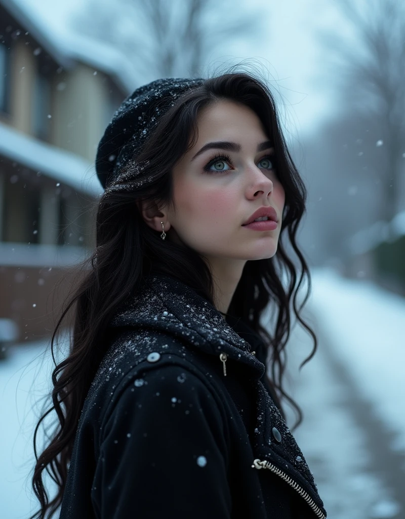 (masterpiece, hyperrealism, sharp images, photorealistic, best quality:1.5), (it only shows the back part of her) (Full body portrait, sky view), (highly detailed face:1.5), (has white skin, highly detailed skin:1.8), (20 years old woman) (she has very black wavy hair) (breast size: 1.3), detailed hd beautiful dark green eyes, lips marked with pink lipstick, flirtatious look, big light green eyes, bold black eye shadows, huge eyelashes, (she is wearing stylish black coat for rain and snow, with cap, with sherpa lining) (has his eyes looking up at the sky, watching the snow fall) (she is walking on the sidewalk in a neighborhood of one-story houses) (everything is covered with snow, her hair still has a little snow in it) (background, it is already dark, there are black and blue clouds, it is snowing and it is cold). she exhales and steam is seen