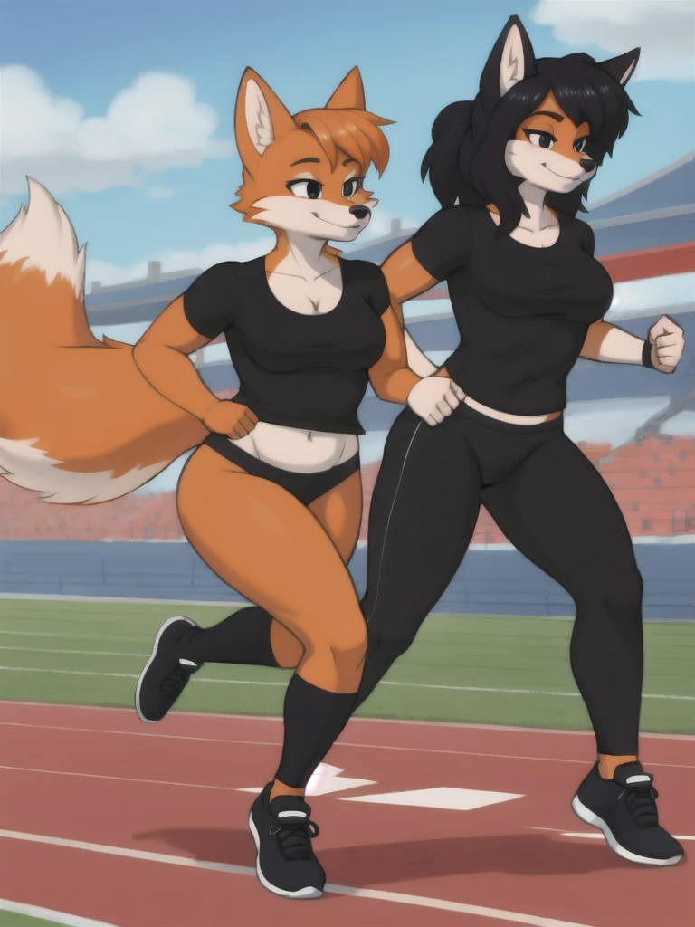 Furry, fox, female, black shirt, black leggings, shoes, running track, friends, full body