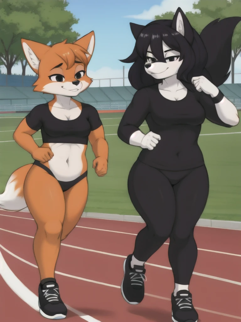 Furry, fox, female, black shirt, black leggings, shoes, running track, friends, full body