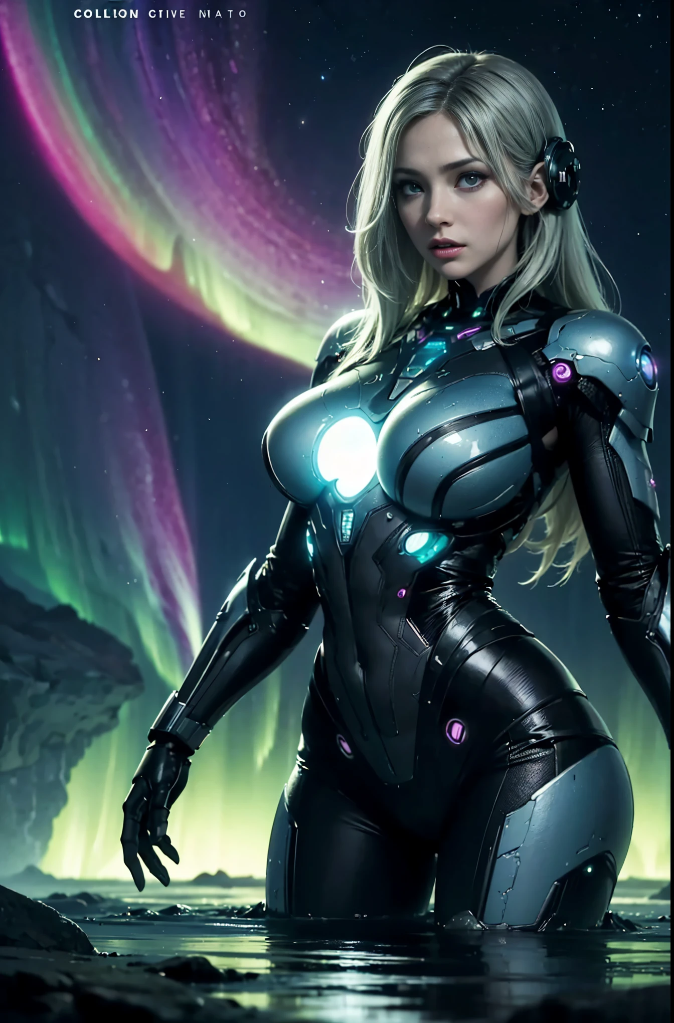 Lovecraftian gal, sexy cyborg body part, huge large big, clean skin breasts, magazine cover, poster art , Lovecraftian creative creatures, hint of vibrant, matted design layout. technological elements, cosmic dread, Mystical Northern Lights,　Lots of little explosions、　 noise background