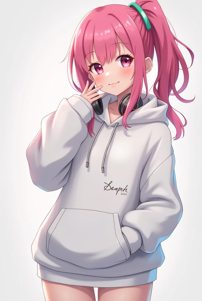 Long Hair, High resolution, Pink Hair, chest, smile, Hood worn, headset on neck, Diagonal bangs, Side Ponytail, Anime Style, Oversized,White hoodie with embellishments,Shorts Illustration, 3D Rendering, Sleepy, Aura Zera,accessories, 