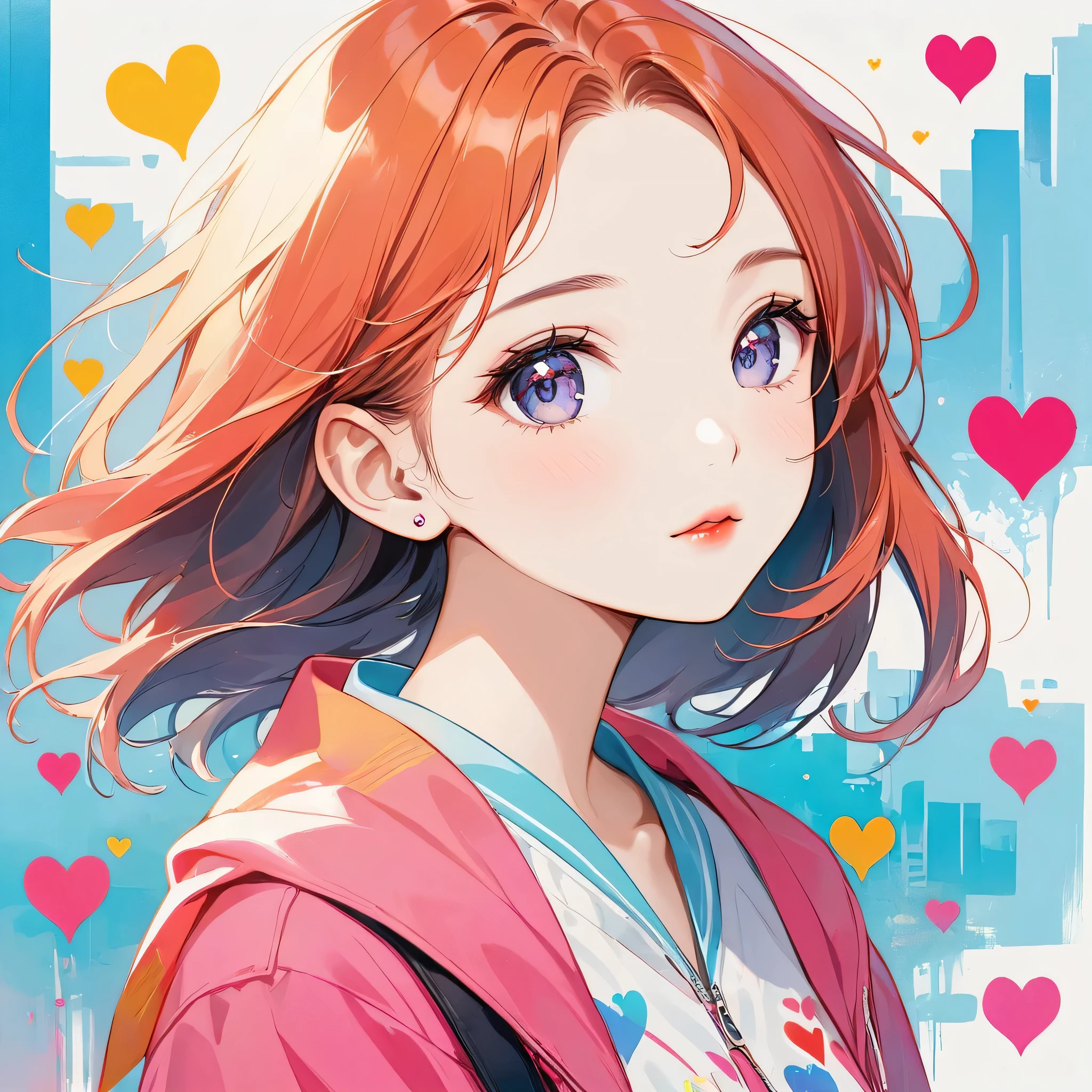 Micho colorful style, Simple Line Initialism,Abstract art,Urban Background, (((The most beautiful girl of all time))), Sweet face. Lips in love, colorful hearts, stylish design