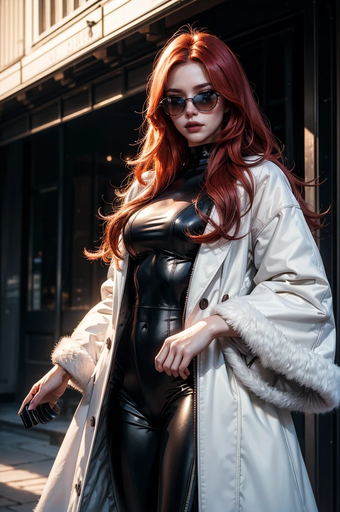 a beautiful young woman with long red hair, lora_Emma, wearing a tight black latex two piece suit, a white fur coat, and sunglasses, standing outside,(best quality,4k,8k,highres,masterpiece:1.2),ultra-detailed,(realistic,photorealistic,photo-realistic:1.37),detailed face, detailed eyes, detailed lips, long eyelashes, beauty, fashion, portrait, glamorous, elegant, studio lighting, dramatic lighting, high contrast, vivid colors, cinematic,xuer white fur coat