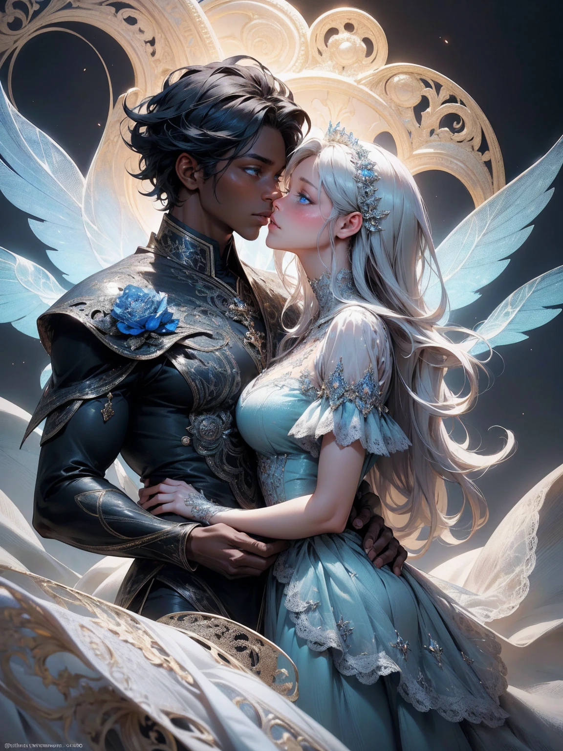 {-erro_de_anatomia:1.0}(best quality,4k,8k,highres,masterpiece:1.2), ultra-detailed, (realistic,photorealistic,photo-realistic:1.37), mature milf, illyasviel von einzbern, black hair, upper body, vibrant colors, glowing skin, mesmerizing eyes, blue eyes, elegant pose, enchanting background, delicate lace dress, blue dress, surreal lighting, ethereal atmosphere, mystical aura, intricate details, artistic medium, digital illustration, fantasy, anime, walking on nature, kissing a beautiful black man