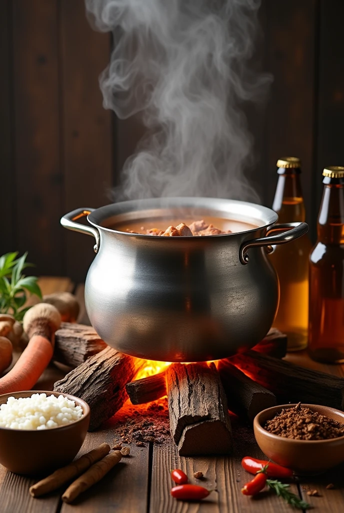 Advertisement for sale of rib soup. Display large steel pot, with firewood, next to beer spices and rice, Attractive image to send on social networks and generate orders, country style 
