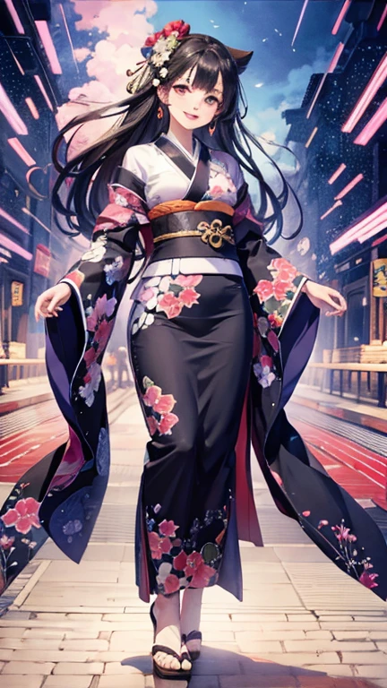 SeaArt creates stunning illustrations of beautiful women in kimono、A beautiful woman smiles and shows her upper white teeth、Vividly colored Japanese Ukiyo-e style illustrations、Brown-black long hair、Beautiful full body style、Beautiful and innovative digital paintings,、 Detailed digital anime art、Beautiful anime portraits、