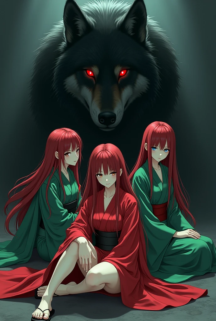 The image is anime style with shadows and dim lights, anime style although somewhat adult and dark, It shows a 3 adult woman with heterochromia., She has one brown eye and one blue eye and wears a beautiful oversized green and red yukata.. She has very long and loose hair., dark red. She looks calculating and shrewd.. wears sandals. At his feet lies a huge wolf made of shadows with four red eyes.