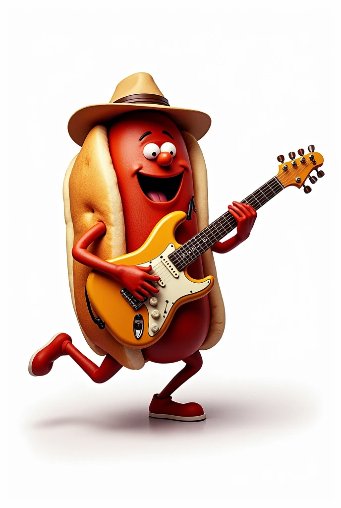 A choripán with a hat playing an electric guitar. on a white background