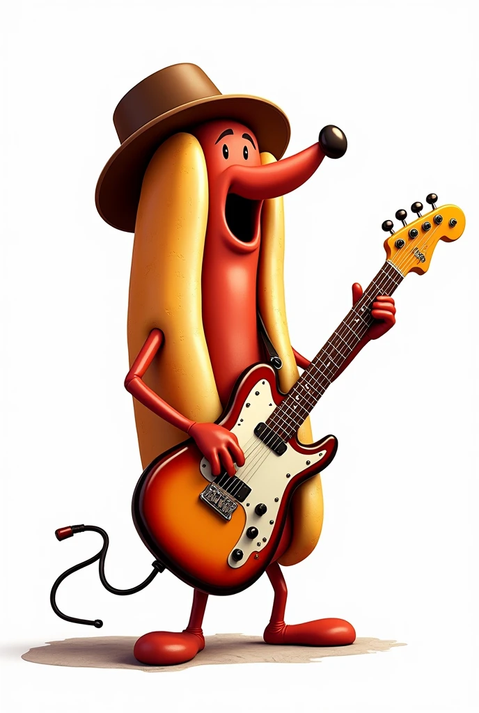 A choripán with a hat playing an electric guitar. on a white background