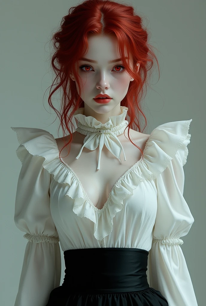  make a pale girl, with red eyes, He peeled his hair a little dark red, a women&#39;s shirt with a high neck, Exaggerated ruffle hem and long sleeves, a black skirt with a beautiful body