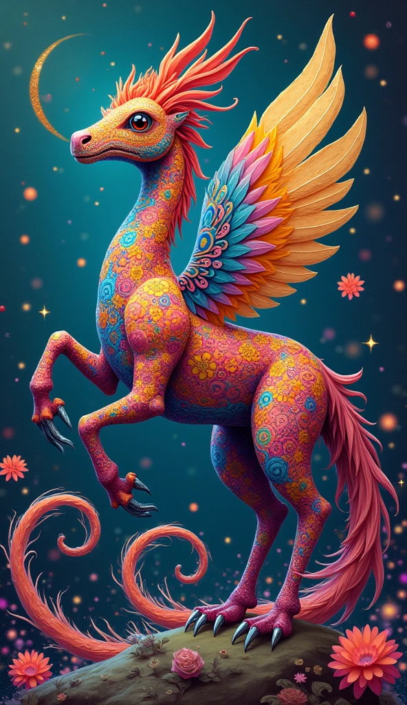 "Create an illustration of an imaginary animal alebrije formed from the mixture of several animals that can belong to any animal kingdom. They combine physiognomic elements of various animals, both real and imaginary, in a single being.