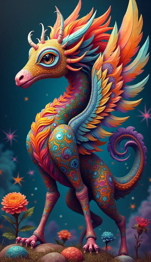 "Create an illustration of an imaginary animal alebrije formed from the mixture of several animals that can belong to any animal kingdom. They combine physiognomic elements of various animals, both real and imaginary, in a single being.
